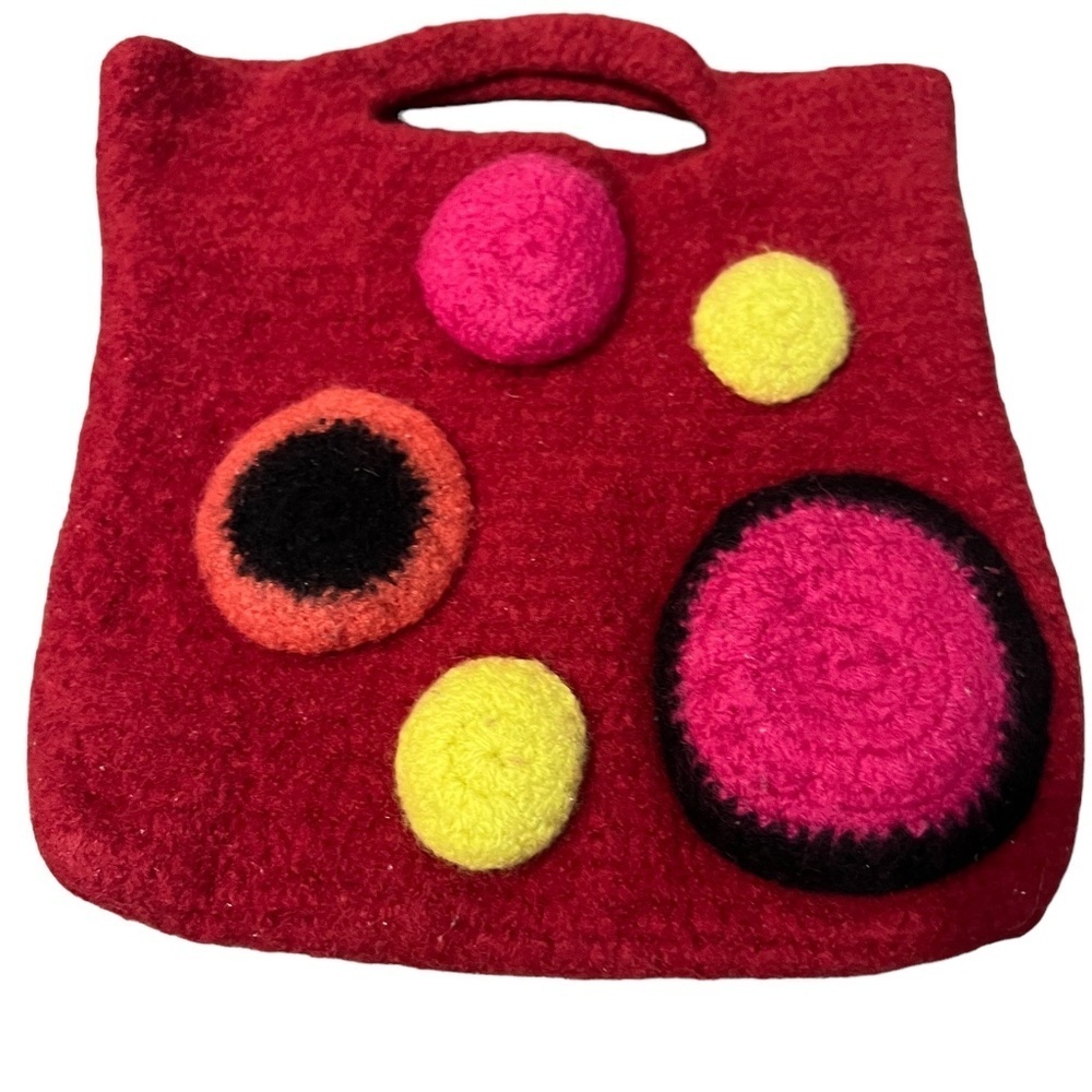Colorful Circles Hand Felted Wool Handbag Knit-Crochet, In‎ Raspberry - Picture 2 of 8